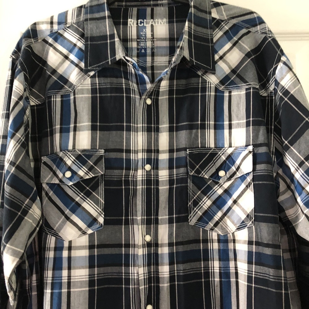 Reclaim Mens Western Blue Plaid Pearl Snap Down Long Sleeve Shirt XXL - Picture 3 of 10